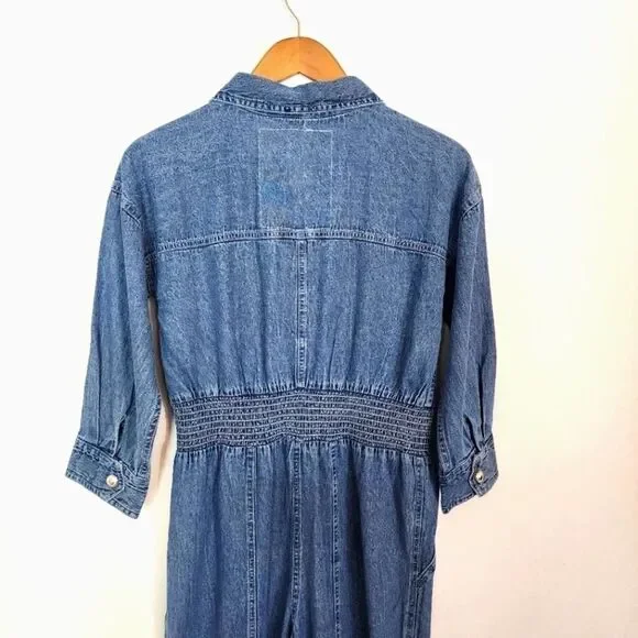 NWT River Island Jumpsuit Blue Denim Smocked Waist Boilersuit Size 8 UK, 6 US - Picture 10 of 12
